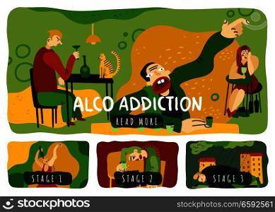 Alcohol addiction horizontal banners set with drinking symbols flat isolated vector illustration. Alcohol Addiction Horizontal Banners Set