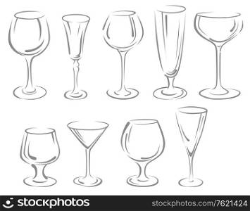 Alcohol and beverage glasses set isolated on white background