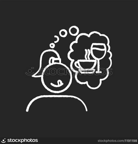 Alcohol and coffee craving chalk icon. Thirsty woman. Woman thinking of wine. Unhealthy eating habit. Thought of drinks. Girl desire for tea. Tasty beverage. Isolated vector chalkboard illustration