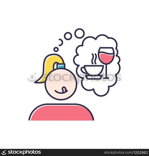 Alcohol and coffee craving color icon. Thirsty woman. Woman thinking of wine. Unhealthy eating habit. Thought of drinks. Girl desire for tea. Tasty beverage. Isolated vector illustration