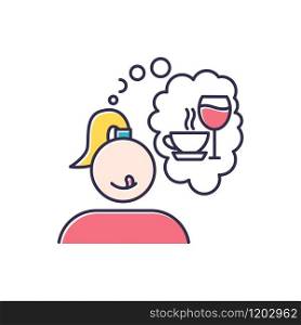 Alcohol and coffee craving color icon. Thirsty woman. Woman thinking of wine. Unhealthy eating habit. Thought of drinks. Girl desire for tea. Tasty beverage. Isolated vector illustration