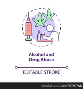 Alcohol and drug abuse concept icon. Hate speech effect abstract idea thin line illustration. Substance addiction. Being dependent on drugs. Vector isolated outline color drawing. Editable stroke. Alcohol and drug abuse concept icon