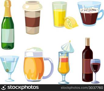 Alcohol and non alcoholic drinks with bottles, glasses vector. Alcoholic and non alcoholic drinks. Different beverages with bottles and glasses. Vector icons