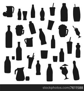 Alcohol and soft drink bottle vector silhouette icons. Bottles and cocktail glasses, fruit juice pitcher, soda cup with drinking straw, smoothie and milkshake, champagne and wine bottle silhouettes. Alcohol and drink bottle silhouettes