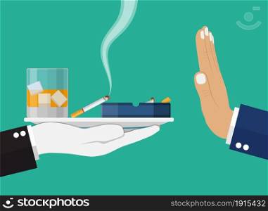 Alcohol and tobacco abuse concept. Hand gives glass of wine and cigarette to other hand. Stop alcoholism. Rejection of smoking. Vector illustration in flat style. Alcohol and tobacco abuse concept.