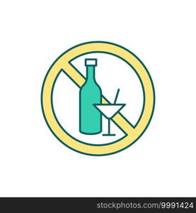 Alcohol ban RGB color icon. Excessive alcohol consumption stop. Alcoholism prevention. Changing drinking habits. Alcohol-related harms. Alcoholic beverages misuse. Isolated vector illustration. Alcohol ban RGB color icon