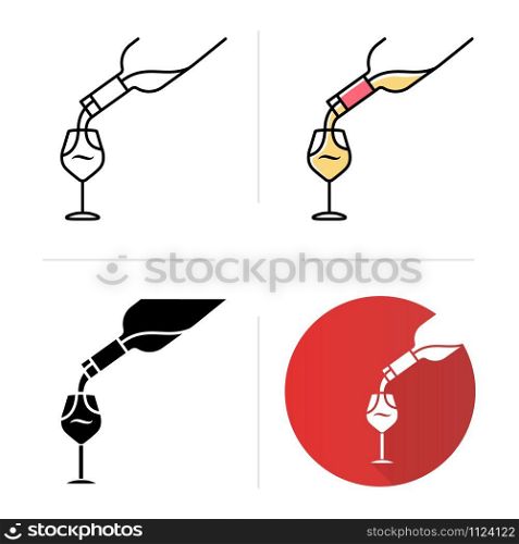 Alcohol beverage pouring in glass icons set. Aperitif drink bottle. Barman, sommelier, winery. Bar, restaurant, party glassware. Flat design, linear, black and color styles. Isolated vector illustrations