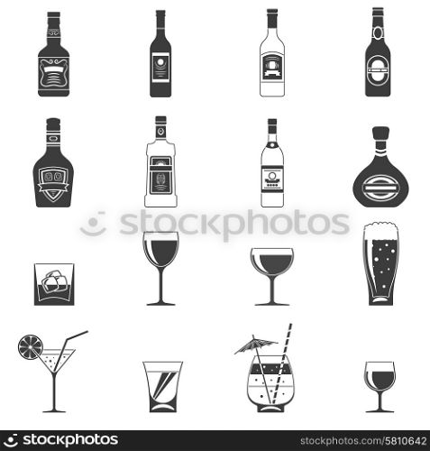 Alcohol black icons set with drink bottles and glass shots isolated vector illustration. Alcohol Black Icons