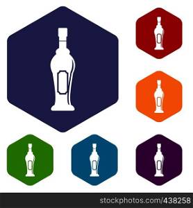 Alcohol bottle icons set hexagon isolated vector illustration. Alcohol bottle icons set hexagon