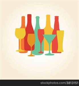 Alcohol Bottles and glasses pattern. Beer, champagne, wine and other drinks design. Menu and restaurant background