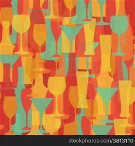 Alcohol Bottles and glasses seamless pattern. Beer, champagne, wine and other drinks design. Menu and restaurant background