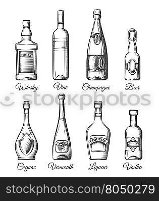 Alcohol bottles in hand drawn style. Alcohol bottles in hand drawn style. Alcoholic beverage bottles vector sketches