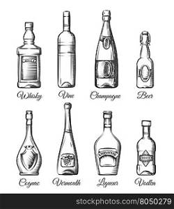 Alcohol bottles in hand drawn style. Alcohol bottles in hand drawn style. Alcoholic beverage bottles vector sketches