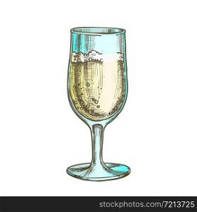 Alcohol Champagne Elegant Glass Color Vector. Champagne Glassware Goblet With Luxury Fizzing Alcohol Beverage. Refreshing Drink Engraving Layout Designed In Retro Style Illustration. Alcohol Champagne Elegant Glass Color Vector