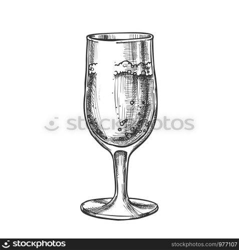 Alcohol Champagne Elegant Glass Vintage Vector. Champagne Glassware Goblet With Luxury Fizzing Alcohol Beverage. Refreshing Drink Engraving Layout Designed In Retro Style Monochrome Illustration. Alcohol Champagne Elegant Glass Vintage Vector