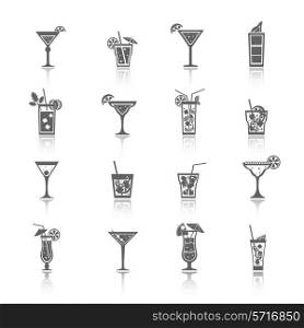 Alcohol cocktails icons black set with blue lagoon manhattan tequila sunrise isolated vector illustration.