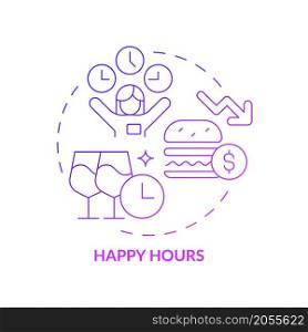 Alcohol discounted price period concept icon. Reduced liquor cost during afternoon abstract idea thin line illustration. Isolated outline drawing. Roboto-Medium, Myriad Pro-Bold fonts used. Alcohol discounted price period concept icon