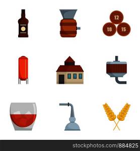 Alcohol distillation icons set. Cartoon set of 9 alcohol distillation vector icons for web isolated on white background. Alcohol distillation icons set, cartoon style