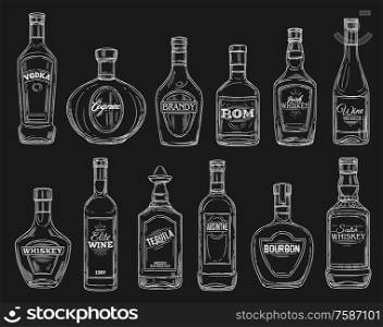 Alcohol drink bottle chalk sketches on blackboard. Vector wine, vodka and whiskey, tequila, cognac and brandy, absinthe, bourbon and rum, spirit beverages of bar, restaurant and liquor store design. Wine, tequila, vodka, cognac alcohol drink bottles