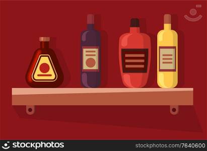 Alcohol drink, bottles on wooden shelf isolated on red wall. Beverage set, wine and champagne, cognac or rum, celebrating element, cocktail vector. Bottles on Shelf, Alcohol Drink, Beverage Vector