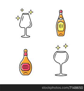 Alcohol drink glassware color icons set. Wine service elements. Crystal glasses shapes. Drinks and beverages types. Whiskey and bourbon bottles with labels. Isolated vector illustrations