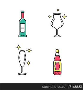 Alcohol drink glassware color icons set. Wine service elements. Crystal glasses shapes and types. Drinks and beverages types. Red wine bottles with labels. Isolated vector illustrations
