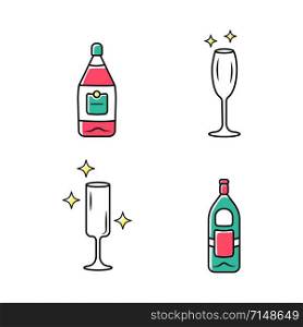 Alcohol drink glassware color icons set. Wine service elements. Empty crystal glasses shapes. Drinks and beverages types. Wine and gin bottles with labels. Isolated vector illustrations