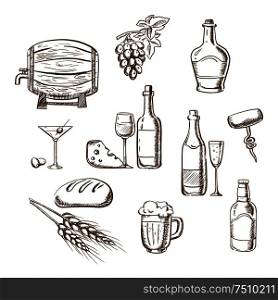 Alcohol drinks and beverages sketch icons with bottles of wine, beer, champagne, brandy, filled wineglasses, wooden barrel, cocktail, glass, olives and some snacks. Party or restaurant design usage. Sketches of alcohol, drinks and snacks