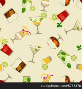 Alcohol drinks and cocktails seamless pattern in flat style.