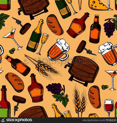 Alcohol drinks and cocktails with light snacks seamless pattern with wine, beer, champagne and whisky served with cheese, grapes, olives and rye bread. Bar and cafe design. Alcohol drinks with snacks seamless pattern