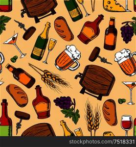 Alcohol drinks and cocktails with light snacks seamless pattern with wine, beer, champagne and whisky served with cheese, grapes, olives and rye bread. Bar and cafe design. Alcohol drinks with snacks seamless pattern