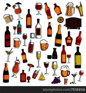 Alcohol drinks and cocktails with snacks and fruits icon with colorful sketches of wine, beer, champagne, martini, vodka, liquor, sake, barrel of wine, bright cocktails, bunches of grape, olives and lemons fruits, cheese and corkscrews. Alcohol drinks, cocktails with snacks sketch icon