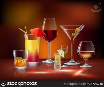 Alcohol drinks beverages in glasses decorative icons set vector illustration