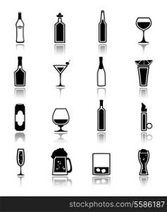 Alcohol drinks bottles and glass icons black set of beer can martini liquor isolated vector illustration.