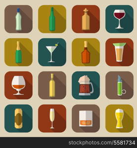 Alcohol drinks bottles and glass icons flat set of tequila vermouth whiskey isolated vector illustration