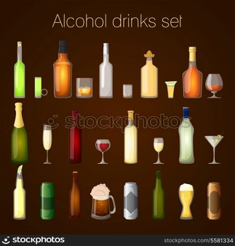 Alcohol drinks bottles and glass set of wine beer champagne martini isolated vector illustration