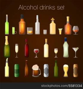 Alcohol drinks bottles and glass set of wine beer champagne martini isolated vector illustration