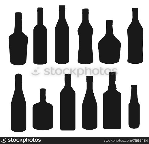 Alcohol drinks bottles silhouette icons, beverages bar menu symbols. Vector isolated vodka, Irish or Scotch whiskey and wine, cognac with absinthe, tequila and bourbon or beer bottles. Drinks and alcohol beverages bottles silhouettes
