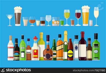 Alcohol drinks collection. Bottles with glasses. Vodka champagne wine whiskey beer brandy tequila cognac liquor vermouth gin rum absinthe bourbon. Vector illustration in flat style. Alcohol drinks collection.