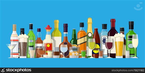 Alcohol drinks collection. Bottles with glasses. Vodka champagne wine whiskey beer brandy tequila cognac liquor vermouth gin rum absinthe bourbon. Vector illustration in flat style. Alcohol drinks collection.