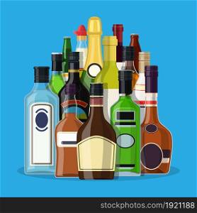 Alcohol drinks collection. Bottles with vodka champagne wine whiskey beer brandy tequila cognac liquor vermouth gin rum absinthe sambuca cider bourbon. Vector illustration in flat style. Alcohol drinks collection.