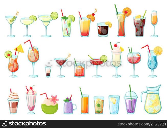 Alcohol drinks collection, colored cocktails with straw and umbrella. Vector alcohol glass cocktail, illustration of drink bar. Alcohol drinks collection, colored cocktails with straw and umbrella
