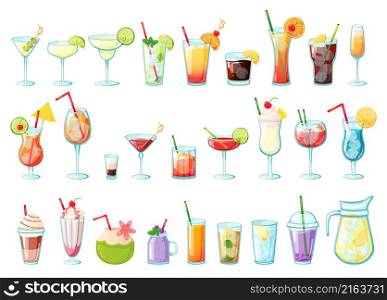 Alcohol drinks collection, colored cocktails with straw and umbrella. Vector alcohol glass cocktail, illustration of drink bar. Alcohol drinks collection, colored cocktails with straw and umbrella