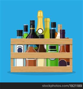 Alcohol drinks collection in box. Bottles with vodka champagne wine whiskey beer brandy tequila cognac liquor vermouth gin rum absinthe bourbon. Vector illustration in flat style. Alcohol drinks collection in box in hand.