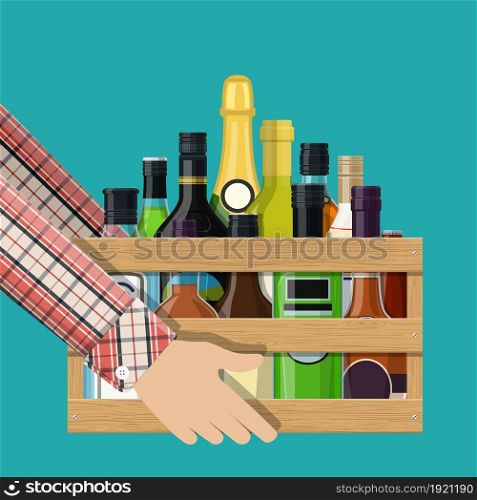 Alcohol drinks collection in box in hand. Bottles with vodka champagne wine whiskey beer brandy tequila cognac liquor vermouth gin rum absinthe bourbon. Vector illustration in flat style. Alcohol drinks collection in box in hand.