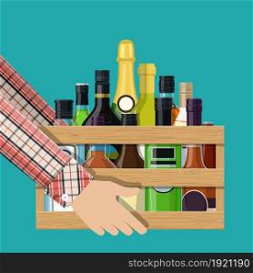 Alcohol drinks collection in box in hand. Bottles with vodka champagne wine whiskey beer brandy tequila cognac liquor vermouth gin rum absinthe bourbon. Vector illustration in flat style. Alcohol drinks collection in box in hand.