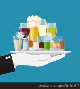 Alcohol drinks collection in tray of waiter. glasses with vodka champagne wine whiskey beer brandy tequila cognac liquor vermouth gin rum absinthe . Vector illustration flat style. Alcohol drinks collection in tray of waiter.