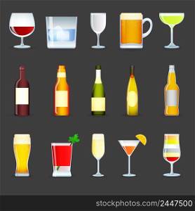 Alcohol drinks decorative icons set with cocktail beer wine vodka isolated vector illustration