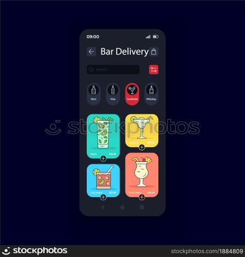 Alcohol drinks delivery night mode smartphone interface vector template. E-commerce. Mobile app page design layout. Online orders management screen. Flat UI for application. Phone display. Alcohol drinks delivery night mode smartphone interface vector template