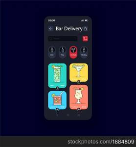 Alcohol drinks delivery night mode smartphone interface vector template. E-commerce. Mobile app page design layout. Online orders management screen. Flat UI for application. Phone display. Alcohol drinks delivery night mode smartphone interface vector template